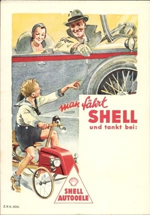 Künstler Ansichtskarte / Postkarte Man fährt Shell, Shell Auto-öle, Reklame, Paar im Automobil, J...