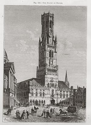 The Belfry of Bruges or Belfort Tower in the city of Bruges, Belgium,1881 Antique Historical Print
