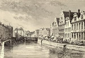 The Corn Quay or Korenlei is located in Ghent , Belgium,1881 Antique Print