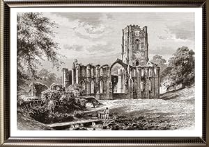 Fountains Abbey Ruins in North Yorkshire, England ,1881 Antique Print