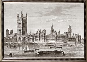 The Houses of Parliament,view from Lambeth in London,1881 Antique Print