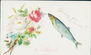 Litho Glückwunsch 1. April, Fisch, Blumenstrauß, Rosen
