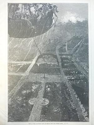 original Holzstich - Ballonfahrt Paris bei Nacht vom Ballon Captif aus gesehen ( Fesselballon )