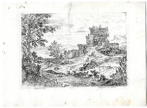 Antique Print-PASTORAL LANDSCAPE-WOODS-MOUNTAINS-VILLAGE-Perelle-c.1675