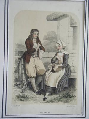 LITHOGRAPHIE GOUACHEE GOMMEE 19ème COSTUMES BRETONS