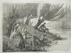 GRAVURE SUR BOIS 19ème PLAISIRS CHAMPETRES LA PECHE