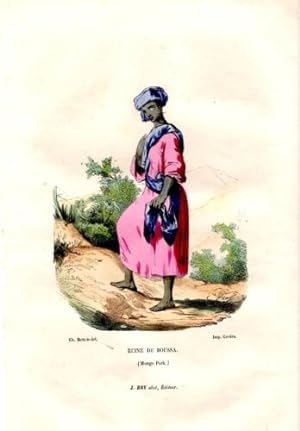 GRAVURE COLORIEE A LA MAIN VERS 1850 REINE DE BOUSSA AFRIQUE