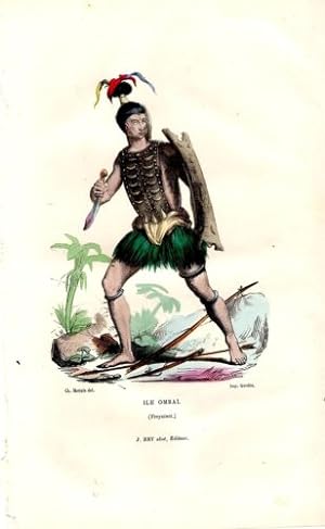 GRAVURE COLORIEE A LA MAIN VERS 1850 VOYAGE DE FREYCINET ILE OMBAI INDONESIE