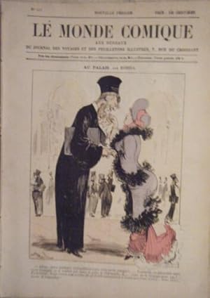 LE MONDE COMIQUE N° 111 VERS 1880 GRAVURE EN COULEUR DE ROBIDA JUSTICE AU PALAIS