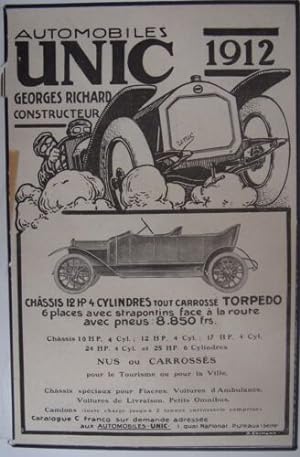 PLANCHE COULEUR 20è PUBLICITE AUTOMOBILES UNIC 1912 CONSTRUCTEUR GEORGES RICHARD