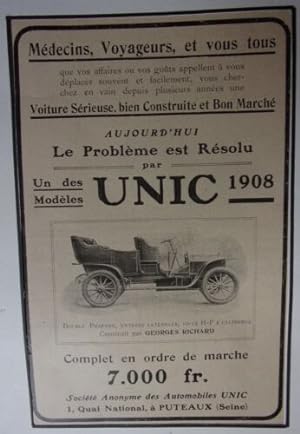 PLANCHE COULEUR 20ème PUBLICITE UNIC 1908 DOUBLE PHAETON ENTREES LATERALES