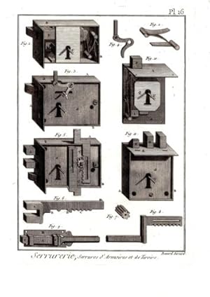 GRAVURE 18ème d' EPOQUE SERRURERIE SERRURES D' ARMOIRES ET DE TIROIRS