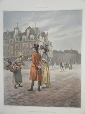 PLANCHE COULEUR 1898 TABLEAU GEORGES CAIN LA BOUQUETIERE DU PONT NEUF PARIS