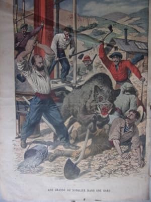 GRAVURE SUR BOIS 1911 TIREE DU PETIT JOURNAL CHASSE AU SANGLIER DANS UNE GARE