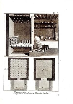 GRAVURE 18ème d' EPOQUE FAYENCERIE PLANS ET ELEVATION DU FOUR