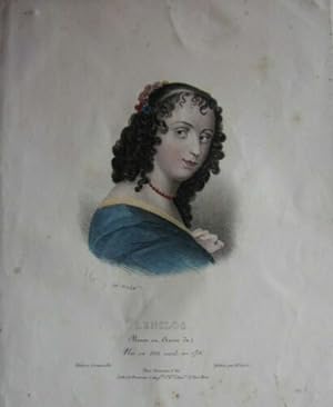 LITHOGRAPHIE DUCARMES AQUARELLEE 1820 NINON DE LENCLOS COURTISANE FEMME LETTRES
