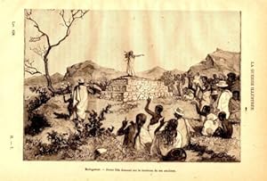 GRAVURE SUR BOIS 19è MADAGASCAR JEUNE FILLE DANSANT SUR TOMBEAU DE SES ANCETRES