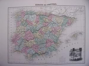 GRAVURE COULEUR ATLAS MIGEON 1873 CARTE ESPAGNE ET PORTUGAL