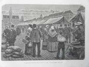 GRAVURE SUR BOIS 1883 GRAND PLACE DE SAINT NICOLAS UN JOUR DE MARCHE BELGIQUE