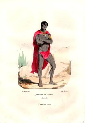 GRAVURE COLORIEE A LA MAIN VERS 1850 HABITANT DE LITAKOU AFRIQUE DU SUD