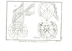 GRAVURE 18è d' EPOQUE MENUISIER EN BATIMENT COUPE DES BOIS RAMPE ESCALIER PL 20