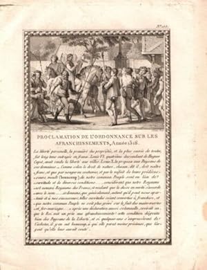 GRAVURE 18ème D' EPOQUE PROCLAMATION ORDONNANCE SUR AFRANCHISSEMENTS ANNEE 1316