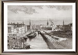 Frederiksholms Kanal in central Copenhagen, Denmark,1881 Antique Print