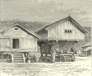 The Hitterdal Store Houses in Norway,1881 Antique Print