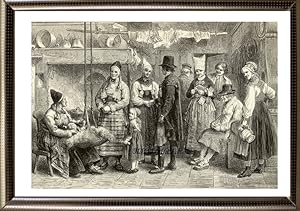 Various Types of Swedish People and Costumes inside a Swedish House,1881 Antique Print