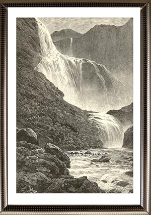 Skj?ggedalsfossen waterfall in the municipality of Eidfjord in Norway,1881 Antique Print