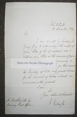 1864 letter from the secretary of Sir George Grey ( the Home Secretary) at Whitehall to Algernon ...