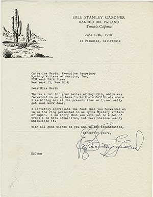 Original ribbon typescript copy letter signed from Erle Stanley Gardner to the Mystery Writers of...