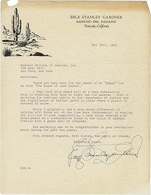 Original ribbon typescript copy letter signed from Erle Stanley Gardner to the Mystery Writers of...