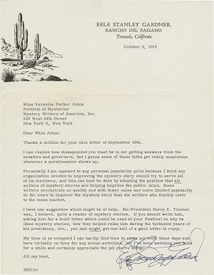 Original ribbon typescript copy letter signed from Erle Stanley Gardner to the Mystery Writers of...