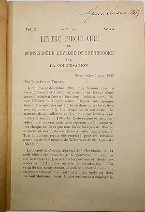 Lettre circulaire de Monseigneur L'Éveque de Sherbrooke sur la colonisation