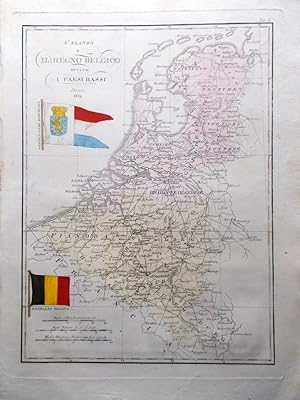 Mappa Antica Originale a Colori Olanda Belgio Paesi Bassi del 1839