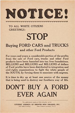 NOTICE! TO ALL WHITE CITIZENS GREETINGS: STOP BUYING FORD CARS AND TRUCKS AND OTHER FORD PRODUCTS...