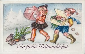Ansichtskarte / Postkarte Glückwunsch Weihnachten, Kinder, Geschenk, Lebkuchen, Hund