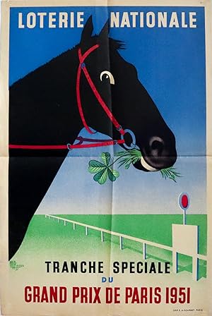 1951 French Lottery Poster, Loterie Nationale, Tranche spectacle du Grand Prix de Paris (Horse Ra...