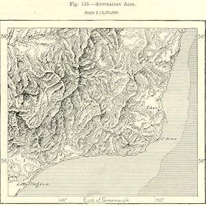 The Australian Alps in southeastern Australia,1800s Antique Map