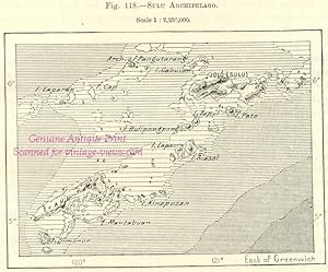 The Sulu Archipelago in the Philippines,1800s Antique Map