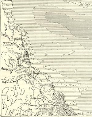 The Great Barrier Reef in the Coral Sea off the coast of Queensland, Australia,1800s Antique Map