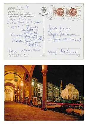 Cartolina postale viaggiata, con firme autografe di Luzi e Fabiani, inviata a Neida, moglie del p...
