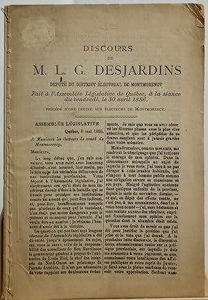 Discours de M. L. G. Desjardins, député du district électoral de Montmorency, fait à l'Assemblée ...