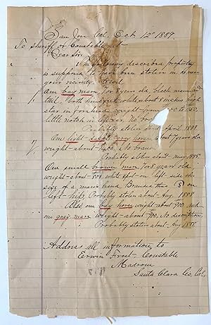 [Horse Rustling] Autograph Document Signed Erwin Frost Constable Santa Clara County to Sheriff or...