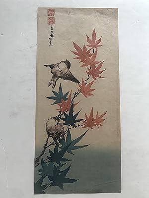 Two sparrows on a maple branch. (Japanese Woodblock print)