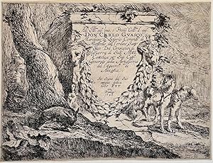 Antique print, etching | Frontispiece of the set of the dogs, published 1642, 1 p.