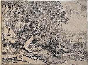 Antique print, etching | Two dogs sleeping, published 1642, 1 p.