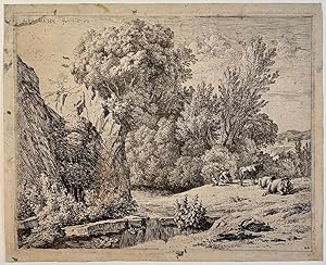 Antique print, etching | Landscape with man and three cows, published 1660, 1 p.