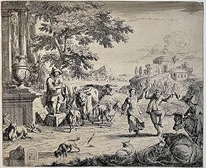 Antique print, etching | Pastoral landscape with dancing couple, published ca. 1690, 1 p.